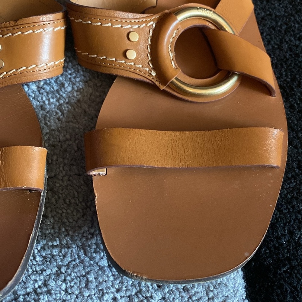 Chloé Cognac Leather Slide Sandals with Gold Ring Accent - Picture 3 of 5